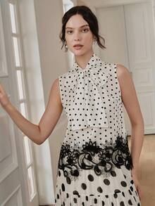 Anewsta Spring/Summer High-Quality Women's Clothing Vintage Elegant White Polka Dot Sleeveless Top With Stand Collar Tie-Up Lace Trim Slimming Tea Party Top - White - View 4