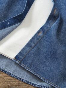 Tween Boy Denim Shirt With Pockets, Printed Letter Small Logo, Washed Casual Fashion Versatile Street Style Cool Back To School Season Autumn Fall - Light Wash - View 7