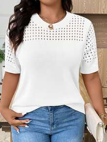 EMERY ROSE Plus Size Casual Hollow Out Round Neck Short Sleeve Top Going Out Tops - White - View 1