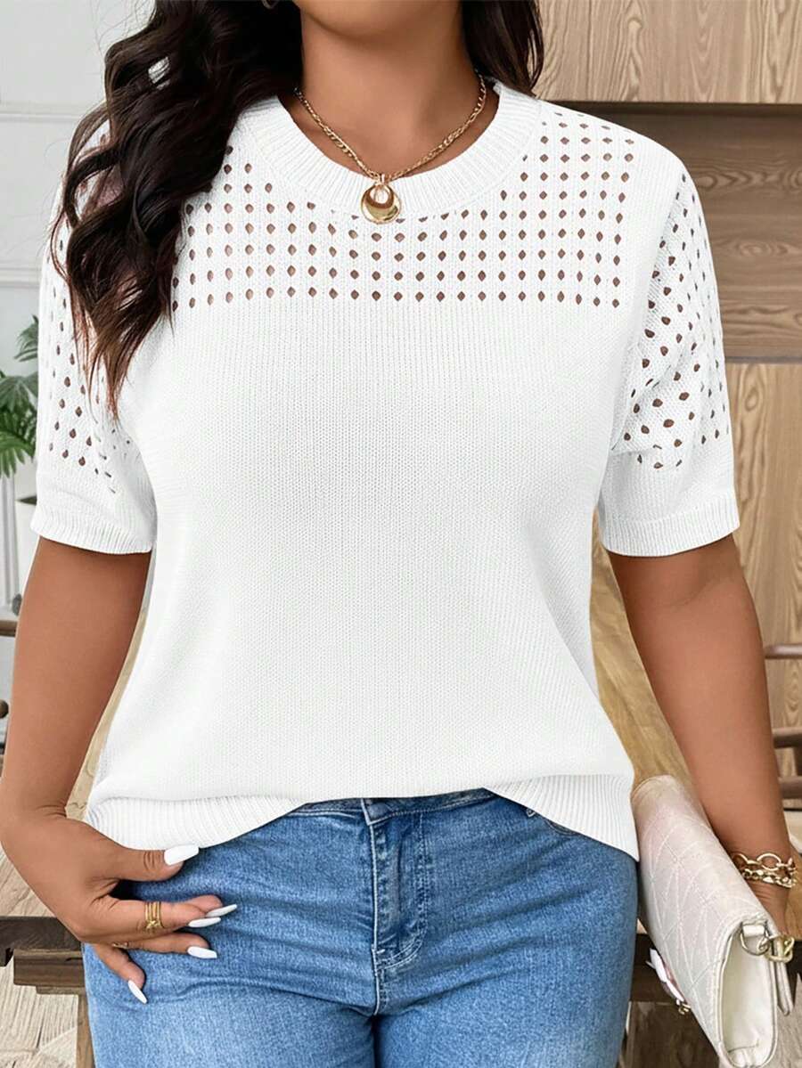 EMERY ROSE Plus Size Casual Hollow Out Round Neck Short Sleeve Top Going Out Tops - White - View 1