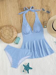 Swim Lushoire 新款女款海灘度假條紋荷葉邊下擺掛脖式分體式比基尼套裝 - 藍白色 - 查看 8