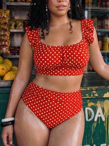 Swim Mod Plus Size Women's Polka Dot Print Cropped Tank Top And Bikini Bottom Swimwear Set For Beach Vacation - Red - View 1
