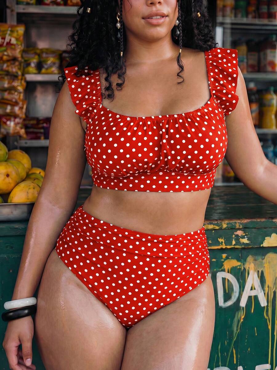 Swim Mod Plus Size Women's Polka Dot Print Cropped Tank Top And Bikini Bottom Swimwear Set For Beach Vacation - Red - View 1