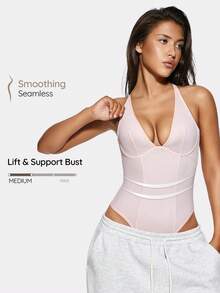 SHAPORA Sleeveless Pink Bodysuit For Women Sexy Backless Design Everyday Comfy Shapewear - Pink - View 1