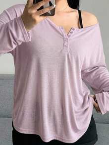 Dazy Plus Camiseta de manga larga con cuello redondo grande y abertura frontal parcial, unicolor, primavera/verano - Púrpura malva - Ver 3