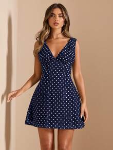 SHEIN BAE Frühling/Sommer einfarbiges schwarzes Polka-Dot-Muster V-Ausschnitt Spaghettiträger A-Linie figurbetontes Damen Minikleid, Urlaubskleid, Polka-Dot-Kleid - marineblau - Übersicht 6