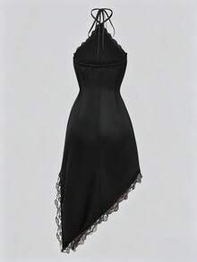 SHEIN PariChic 女款素色對比蕾絲時尚掛脖短洋裝 - 黑色 - 查看 3