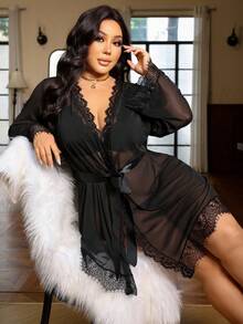 Seduluxe 4pcs/Set Mesh Patchwork Eyelash Lace Plus Size Non-Wired Sexy Lingerie - Black - View 3