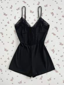 Elamini Spring Summer Autumn Fashion Sexy Avant-Garde Commuter Black Knit Lace Patchwork Low Cut Camisole Off-Shoulder Backless Slim Fit Waist-Cinched Short Jumpsuit For Women - Black - View 3