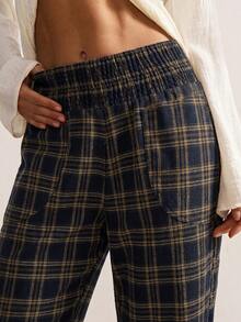 Bohemela Autumn Vacation Outfits, Women's Casual Vintage Woven Plaid Print Women's Long Pants, Daily Picnic Wear, Country Concert Outfit Navy - Multicolor - View 2