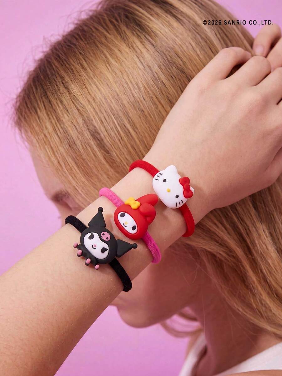 HELLO KITTY AND FRIENDS | POKOJA LAND Collaboration 3pcs Cute Cartoon Elastic Hair Ties, Adorable Cartoon Print, Good Elasticity Without Pulling Hair. Great For Daily Wear, Back To School, Valentine's Day, Mother's Day, Birthday Party, New Year As A Sweet Little Gift, Cute And Practical - Red - View 1