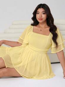 Solflare Plus Size Women's Solid Color Ruffle Sleeve Square Neck Pleated High Waist Jumpsuit - Pale Yellow - View 5