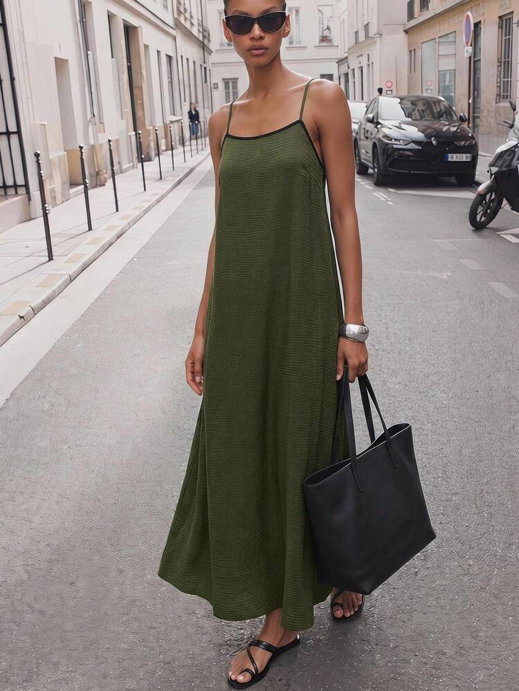 SHEIN Maija Vestido largo maxi verde de tirantes finos y cuello redondo para mujer, estilo casual de vacaciones, vintage old money, estilo de profesora, moda romántica versátil para fiesta de verano, blusa elegante para playa, vacaciones, salidas, ceremonia de graduación, camisa casual, atuendo formal para trabajo y oficina