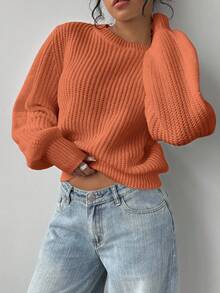 SHEIN BASICS 女款素色圓領長袖休閒寬鬆百搭毛衣 - 橘色 - 查看 4