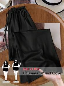 SHEIN Tall CURVE 加大码女式弹力腰阔腿宽松裤，黑色 - 黑色 - 查看 2