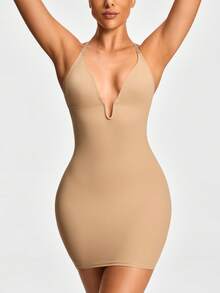 SHAPORA Vestido camiseta ajustado con cuello en V profundo y espalda descubierta para mujer - Albaricoque - Ver 7