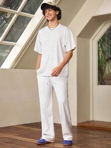 Whitmere Men's Round Neck Mid-Sleeve T-Shirt And Drawstring Waist Wide Leg Pants Casual Daily Suit - Light Grey - View 4