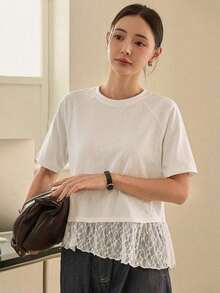 Dazy-Less Women's Lace Patchwork Solid Color Casual Round Neck Short Sleeve T-Shirt, Spring/Summer - White - View 3