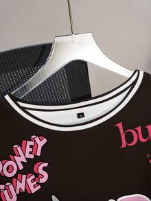 LOONEY TUNES X SHEIN Plus Size Summer Casual Letter & Rabbit Print Round Neck Short Sleeve T-Shirt - White - View 5