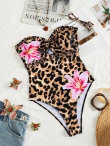 Swim Lushoire Summer Beach Party Vacation Women's Leopard Print Ruffle Gathered One-Piece Black Breezy Sexy Tropical - Multicolor - View 4