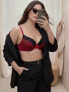Bralution Plus Size Contrast Color Lace Patchwork Bow Detail Bralette & Wire-Free Bra - Multicolor - View 6