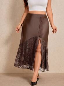 Elaquor Plus Size Summer Elegant Solid Color Lace Patchwork High Slit Skirt - Coffee Brown - View 6