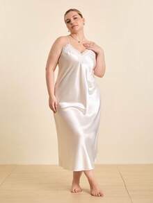 Hourtrue Plus Size White Satin Robe Set, Women Lace Trim Long Kimono Robe And Nightgown 2 Pieces Silk Like Loungewear - White - View 13