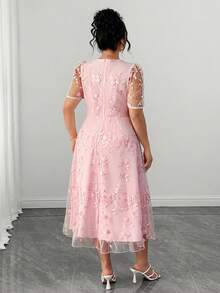 Elenzga Women's Elegant Pink Square Neck Puff Short Sleeve Elastic Waist Invisible Zipper Heavy Embroidery Floral Midi Dress,Daily, Commuting, Dating, Party - Pink - View 2