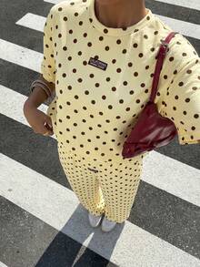 Muchica Women's Casual Black Polka Dot Pattern Loose T-Shirt And Long Pants Set, Suitable For Outings, Street Style, Y2K Style Clothing, Suitable For Spring And Summer, Wide Leg Pants Set - Light Yellow - View 5
