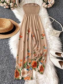 SHEIN LUNE CURVE 女款大尺碼無肩帶抓皺碎花印花夏季連身褲 - 咖啡棕 - 查看 2