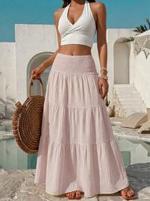 Sunnyshic Women's Spring/Summer Casual Vacation Fashion Streetwear Daily Island Low Waist Shirred Skirt - Dusty Pink - View 5