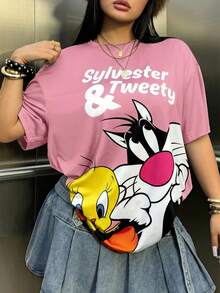LOONEY TUNES X SHEIN 大码女式圆领短袖休闲T恤 - 粉色 - 查看 8