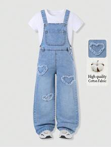 SHEIN Celana Jeans Denim Biru Muda Klasik Model Lurus dan Lebar untuk Remaja Perempuan, Bordir Berbentuk Hati, Kancing Logam, Saku Belakang, Cocok untuk Musim Panas, Sekolah, dan Olahraga. - Light Wash - View 3