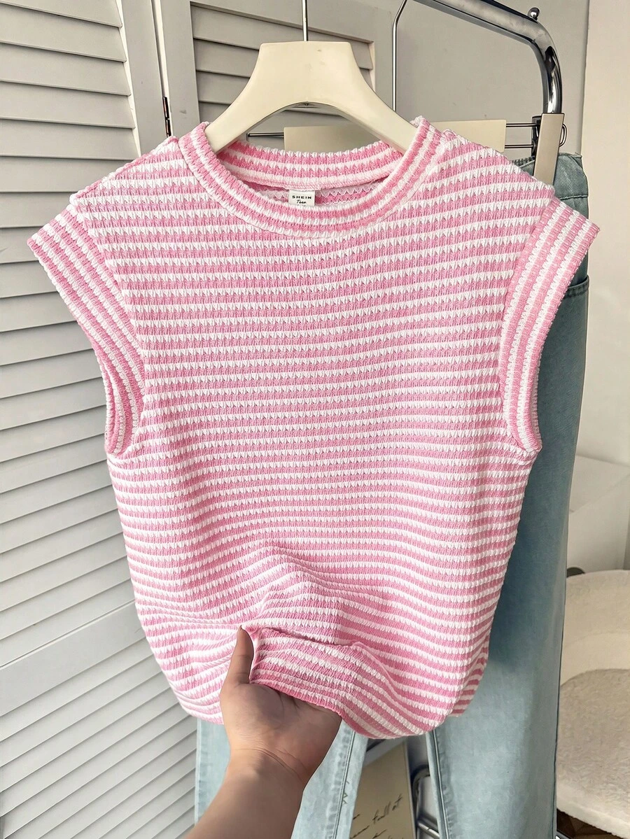 SHEIN 青少年女孩背心上衣與吊帶衫 針織提花條紋圓領上衣 - 粉色 - 查看 1