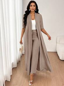 SHEIN Tall CURVE Plus Size Casual Traditional Elegant Commuter Lounge Vacation Solid Color Long Jacket And Pants 2 Pieces Set Evening Business Formal Autumn Fall - Khaki - View 4