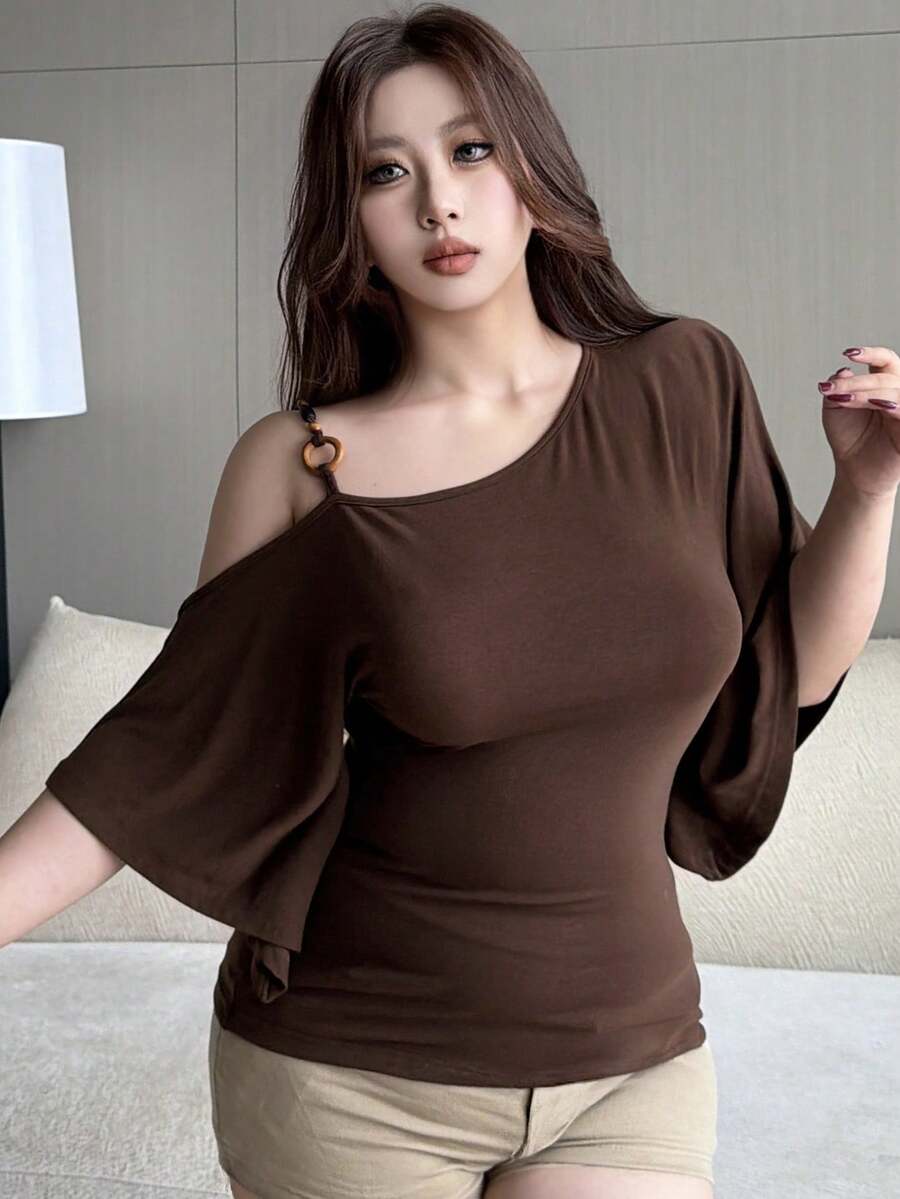 Dazy Plus Solid Color Slim Fit Open Shoulder Design Bell Sleeve Half Sleeve Elegant Brown Plus Size Women Spring Summer Autumn T-Shirt - Brown - View 1