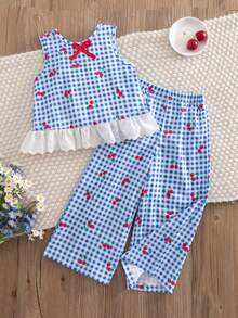 Emery Rose Kids Emery Rose Kids 少女編織格紋櫻桃圖案拼接撞色荷葉邊休閒背心與長褲兩件組 - 彩色 - 查看 5