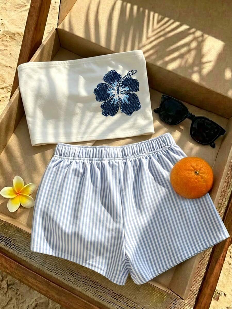 Tseoso Women's 2 Pieces: Blue-White Shorts + Blue Hibiscus Bandeau; Y2K Soft/Clean Girl; Vacation; Beach - Multicolor - View 1