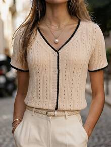 SHEIN Camel Color Contrast Black Trim Hollow Pattern Fashionable Minimalist Elegant Business Commute Old Money Style Spring Summer V-Neck Short Knit Cardigan Top For Women - Camel - View 1