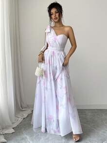 SHEIN Elenzya Urban Fashion Elegant Vacation New Women's Spring/Summer Pink Decorative Textured Fabric Short Sleeve Dress Suitable For Daily Wear, Wedding, Evening Party, Daily Commute, Graduation Party, Holiday Events, Vacation, Dating, Party, Halloween, Christmas, New Year, Thanksgiving, Wedding Women's Digital Print Dress - Pink - View 7
