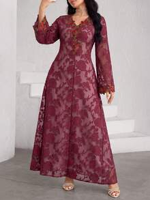 Al Najma 女款V領刺繡蕾絲粉色長袖優雅時尚喇叭袖花卉洋裝 - 酒紅色 - 查看 3