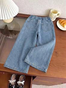 SHEIN 女童牛仔長褲，夏季，柔軟，棉質，可愛，甜美，休閒，百搭，舒適，簡約，全彈性腰帶，前側貨口袋，蕾絲飾邊 + 蝴蝶結裝飾，寬鬆直筒寬腿版型，淺藍色水洗牛仔長褲，適合日常出遊與度假 - 藍色 - 查看 3