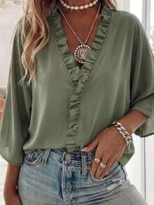 Louniche Women's 2026 Summer Casual V Neck Ruffle Trim Blouse, Batwing Sleeve Loose Fit Flowy Shirt For Daily Commute Vacation - Army Green - View 1
