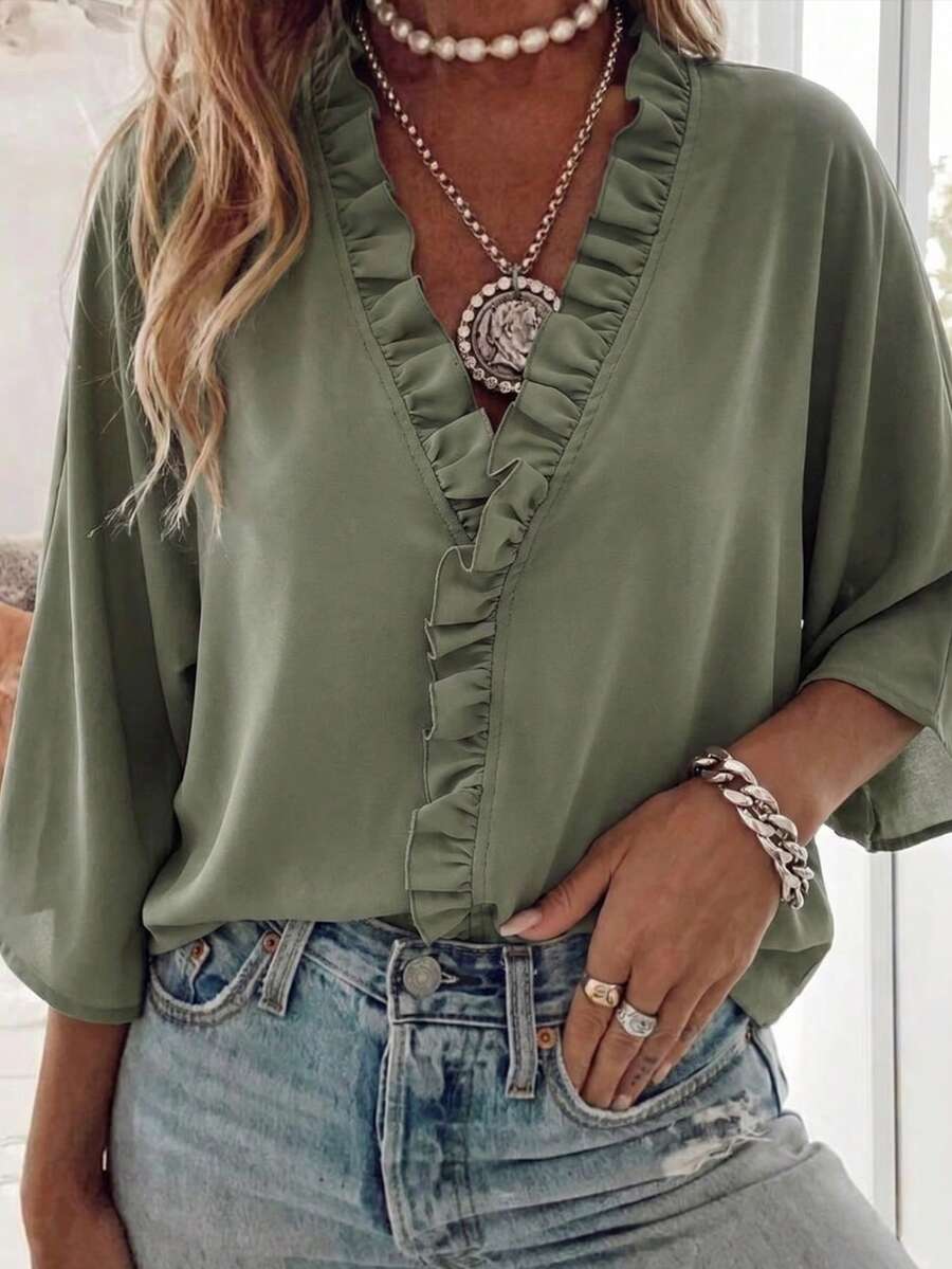 Louniche Women's 2026 Summer Casual V Neck Ruffle Trim Blouse, Batwing Sleeve Loose Fit Flowy Shirt For Daily Commute Vacation - Army Green - View 1