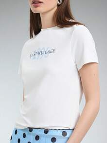 COUREZ Short Sleeve Shrunken Fit T-Shirt / Y2K Casual Autumn Summer For Women Going Out Everyday Fall Top White - Pale Yellow - View 7