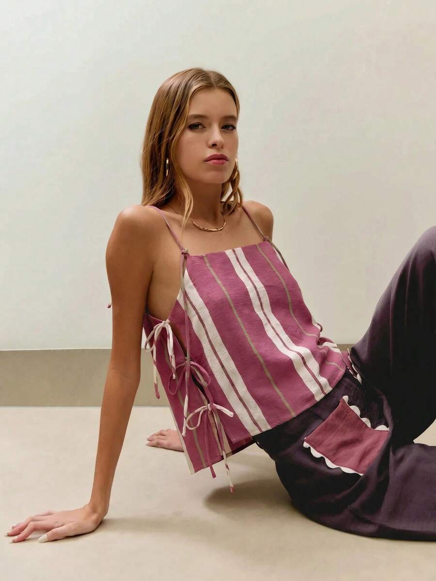 Nöista Cami Top With Vertical Stripes And Adjustable Side-Tie Ruching For A Customizable. Perfect Summer Look, Holiday, Boho, Music Festival - Rusty Rose - View 1