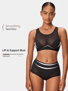 SHAPORA Women's Mesh Contrast Round Neck Sleeveless Top And Bottom Shapewear Set - Black - View 1