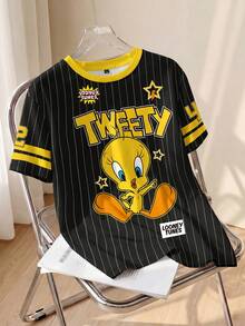 LOONEY TUNES X SHEIN 大码夏季休闲条纹卡通图案圆领短袖T恤 - 白色 - 查看 1