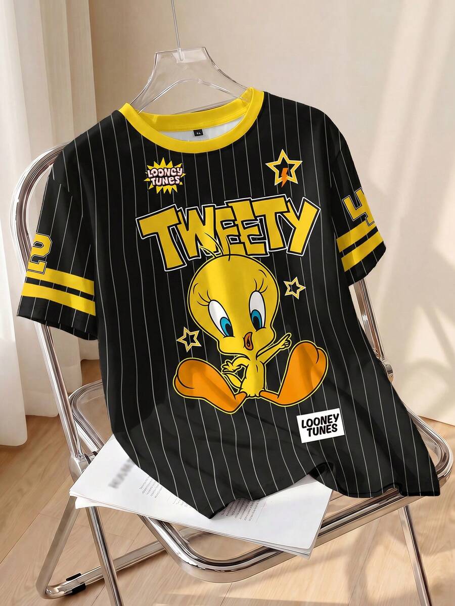 LOONEY TUNES X SHEIN 大码夏季休闲条纹卡通图案圆领短袖T恤 - 白色 - 查看 1