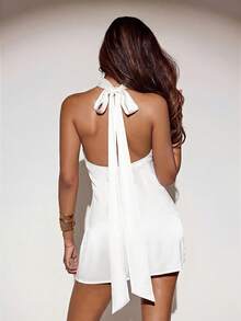 SHEIN ICON Women's Solid Color Halter Neck Casual Minimalist Party Mini Dress - White - View 2